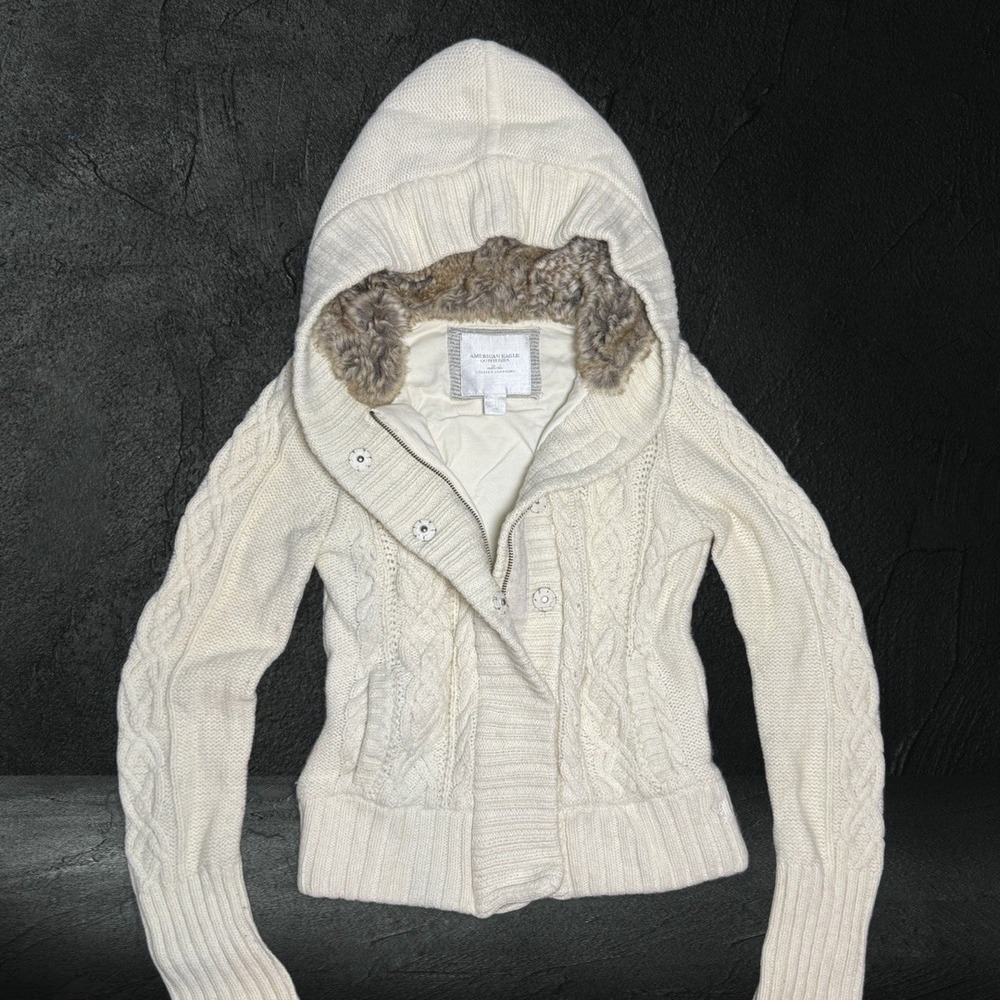 Vtg Y2k American‎ Eagle Cream Cableknit Hooded Sherpa Lined Zip Up Jacket Size M